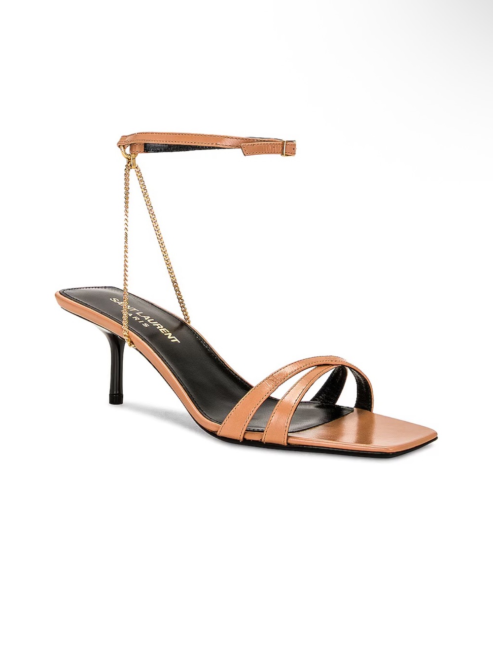 NWT Saint Laurent Melody Sandal Tan Leather Ankle-Strap Kitten Heel Gold Chain